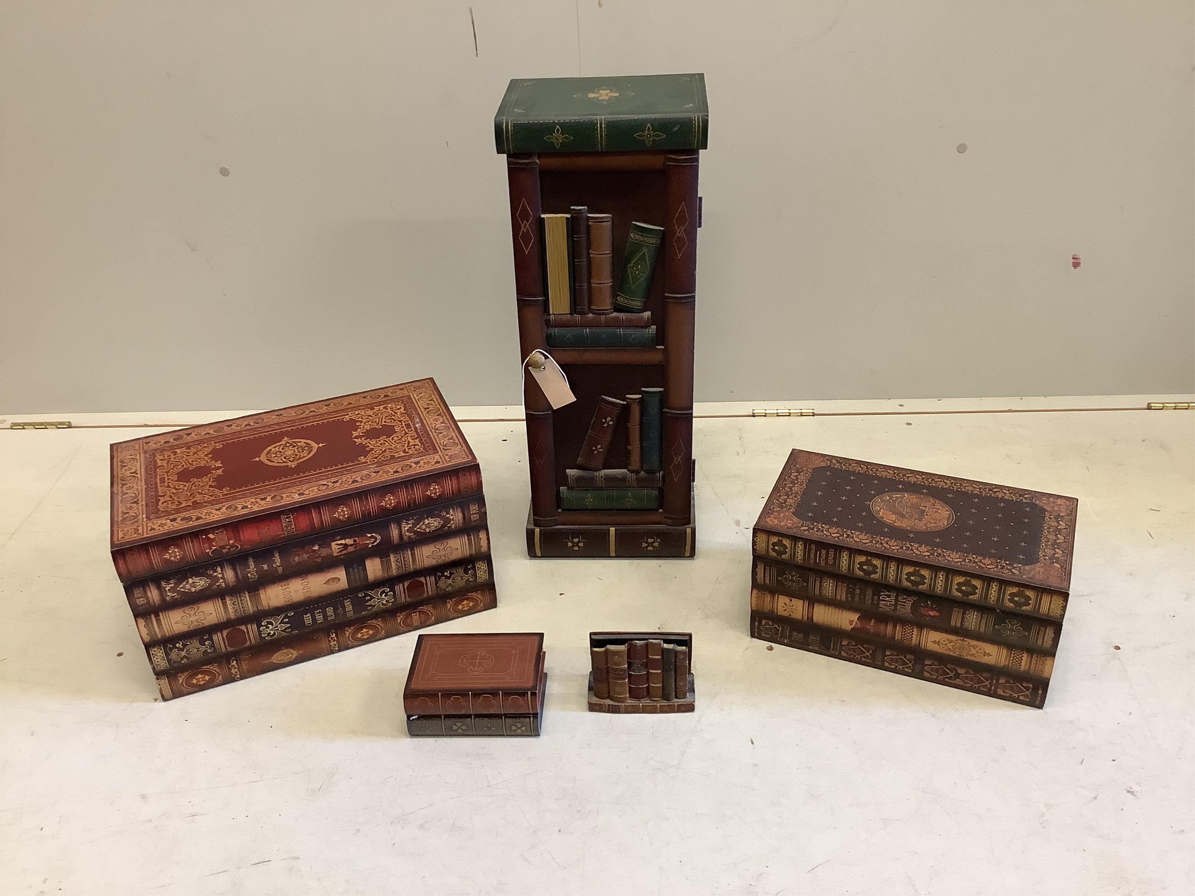 Two “book-stack” storage boxes, a ditto cabinet and a red leather brass studded circular stool, diameter 39cm, height 49cm